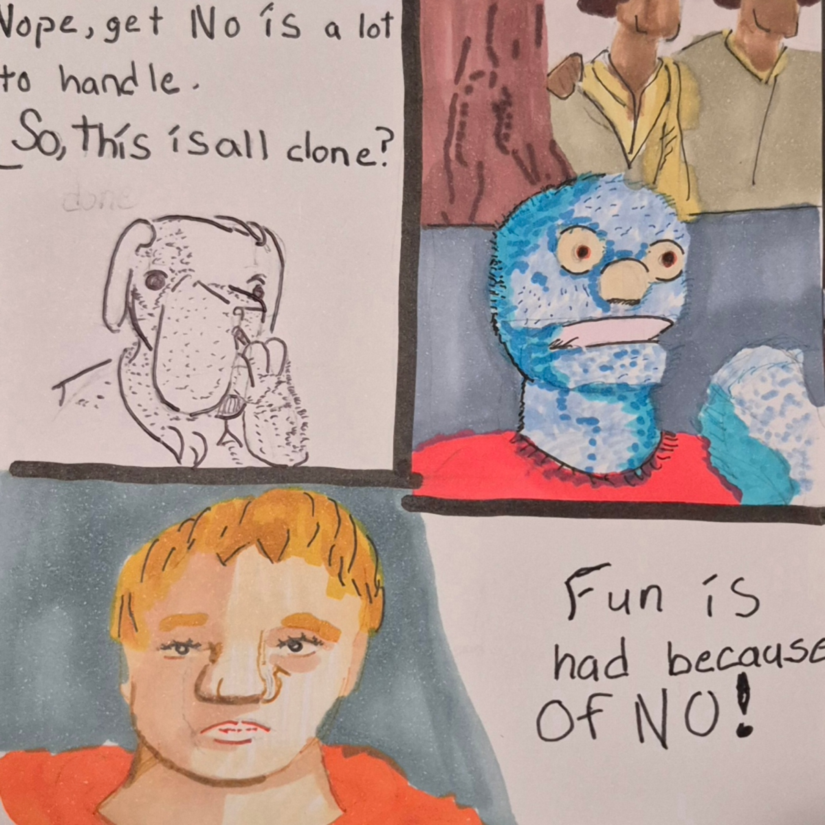 Giving the absurd influence on formatting art. right?, comic art, comic strips, inkedpath, Quibbles of the scribbles, the clone did it, , webcomic, Away-ink