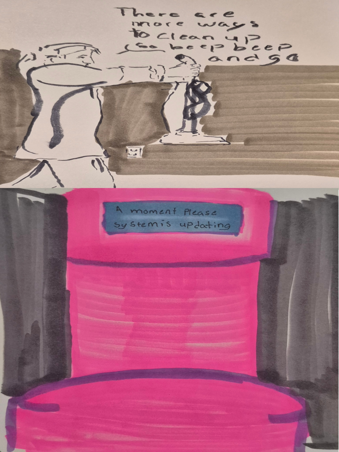 Inked Path:One curtain call, to see the changing., how to clear, comic art, comic strips, inkedpath, Quibbles of the scribbles, the clone did it, webcomic, Away-ink, Late to the party, puzzlement, used or not