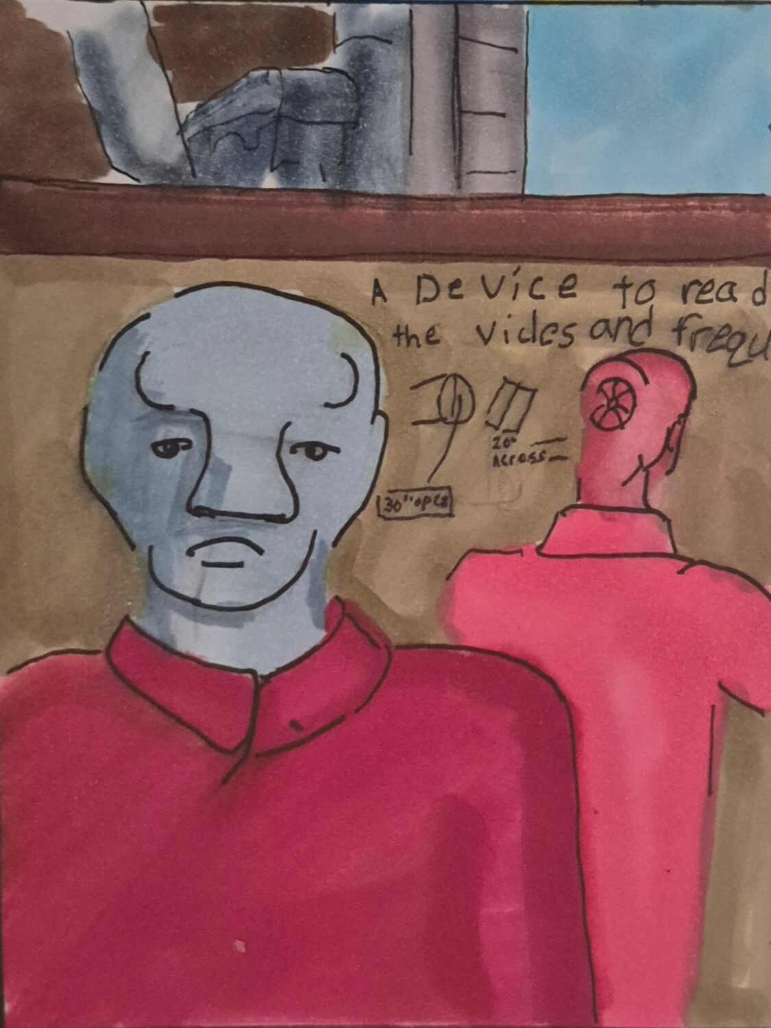 away-ink: the shaking cage. A string of the yegg. A panel entry of: Terry and Vaticinator in the basement