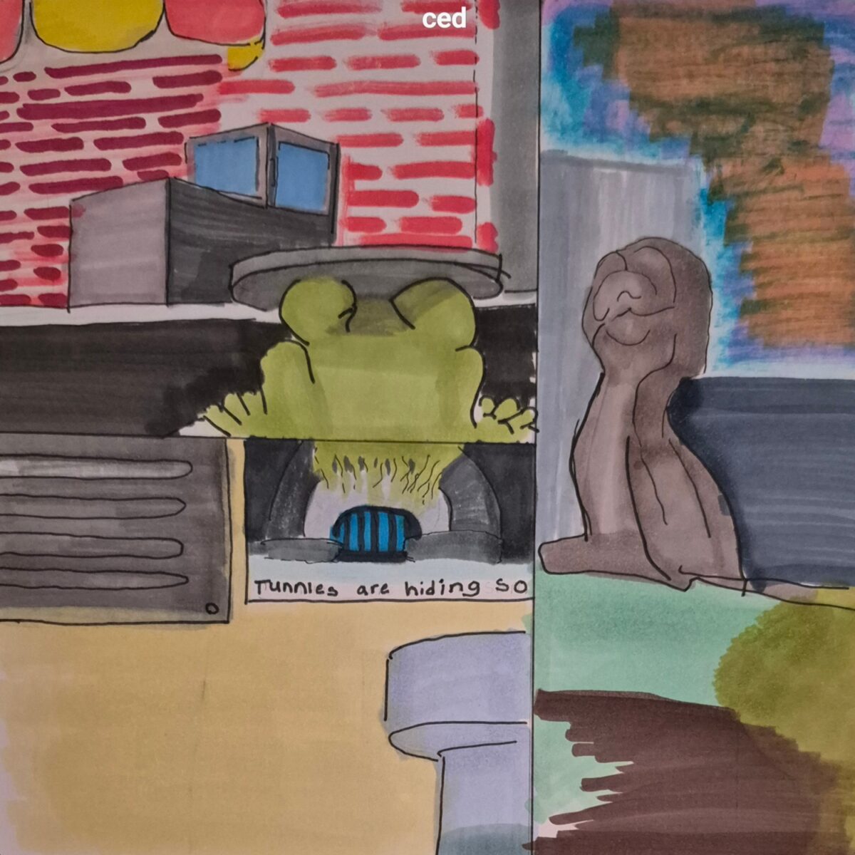 comic art, comic strips, inkedpath, Quibbles of the scribbles, webcomic,  Late to the party, puzzlement, used or not, Inked path: The reptiles give disturbing dreams. a cut scene of a frog lifting a manhole cover to see the art at the booth