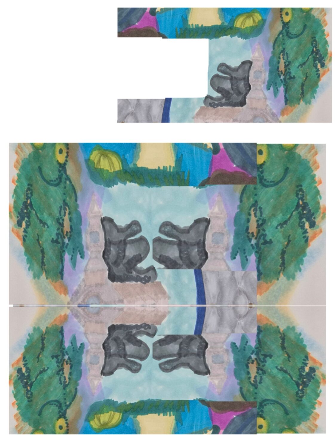comic art, comic strips, inkedpath, Quibbles of the scribbles, webcomic,  Late to the party, puzzlement, used or not, Inked path: The reptiles give disturbing dreams. The third piece of a cut puzzle of the featured image.