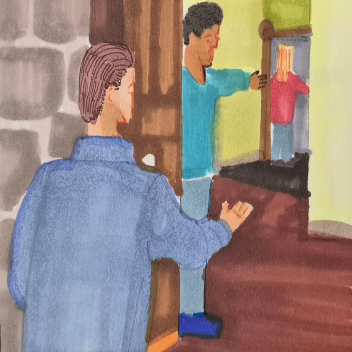 haunted mansion,
mansion mystery,
invisible footsteps,
paranormal,
legend,
noise complaint,
orphanage,
the clone did it, 
Joe and Mikel talking at the door of the orphanage