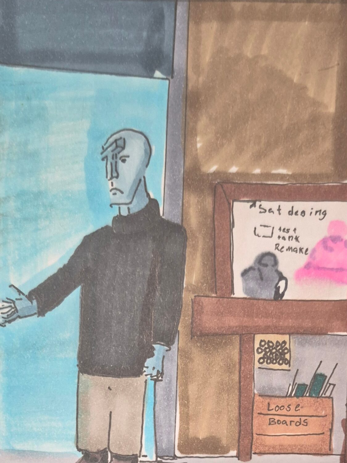 Away-Ink: A mystery leaves a puzzle, Away-Ink: The Yegg string is a change Part2, dream realm, yegg mystery, fiction puzzle, surreal story, dream symbolism, comic art, comic strips, inkedpath, puzzlement, webcomic, Terry talking with two of the shadows behind the back working on a board