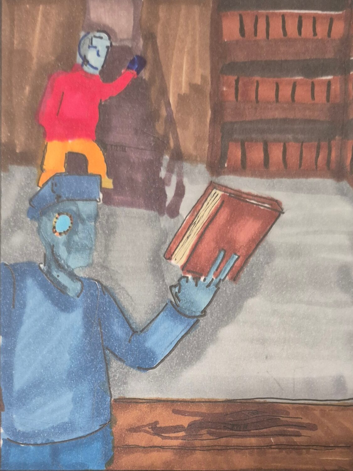Away-Ink: A mystery leaves a puzzle, Away-Ink: The Yegg string is a change Part2, dream realm, yegg mystery, fiction puzzle, surreal story, dream symbolism, comic art, comic strips, inkedpath, puzzlement, webcomic, Jon walking into the basement while Mitchel waves a book