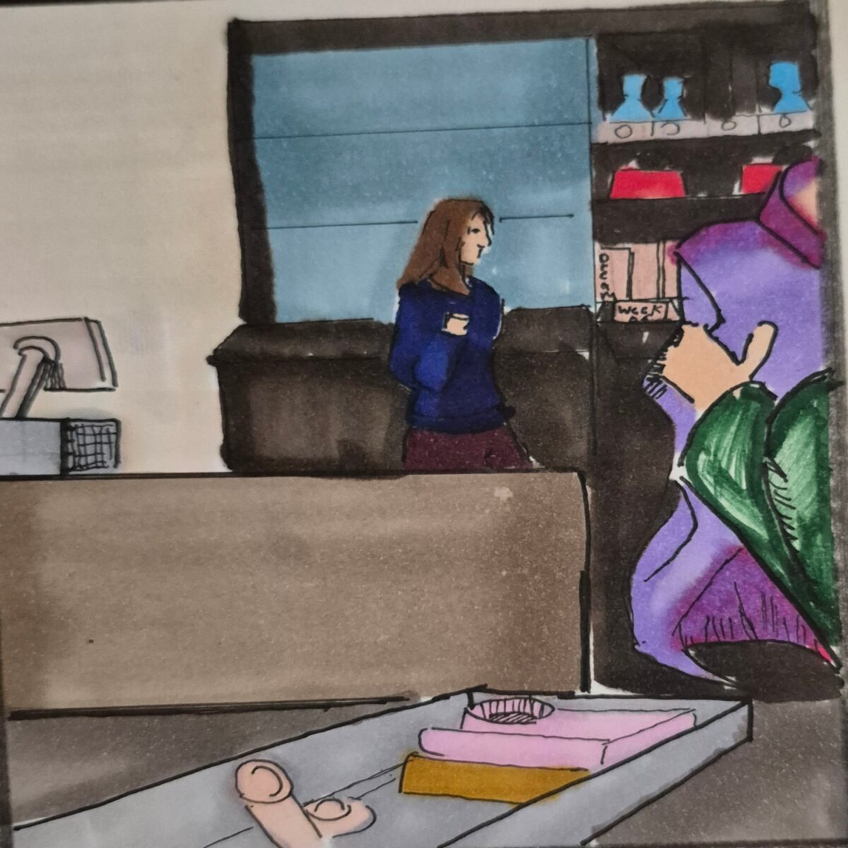 Away-Ink: A mystery leaves a puzzle, Away-Ink: The Yegg string is a change Part2, dream realm, yegg mystery, fiction puzzle, surreal story, dream symbolism, comic art, comic strips, inkedpath, puzzlement, webcomic,
Shop floor of Jane's shop. Also click for more links