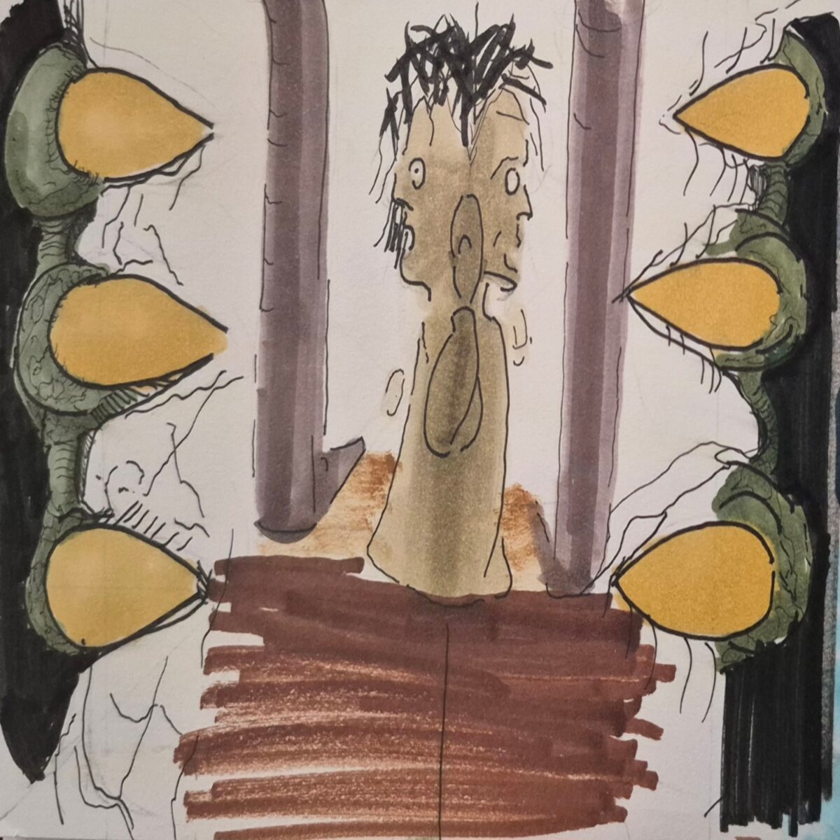 comic art, comic strips, inkedpath, puzzlement, webcomic, The Clone Did It, Colloquy, radio reports, Mayor's Court data has cubby holes,  a new horror artwork is made for the words being twisted by Brian Zain