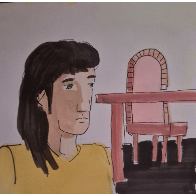 A short Gif. of a worker being scared by a flipping chair.