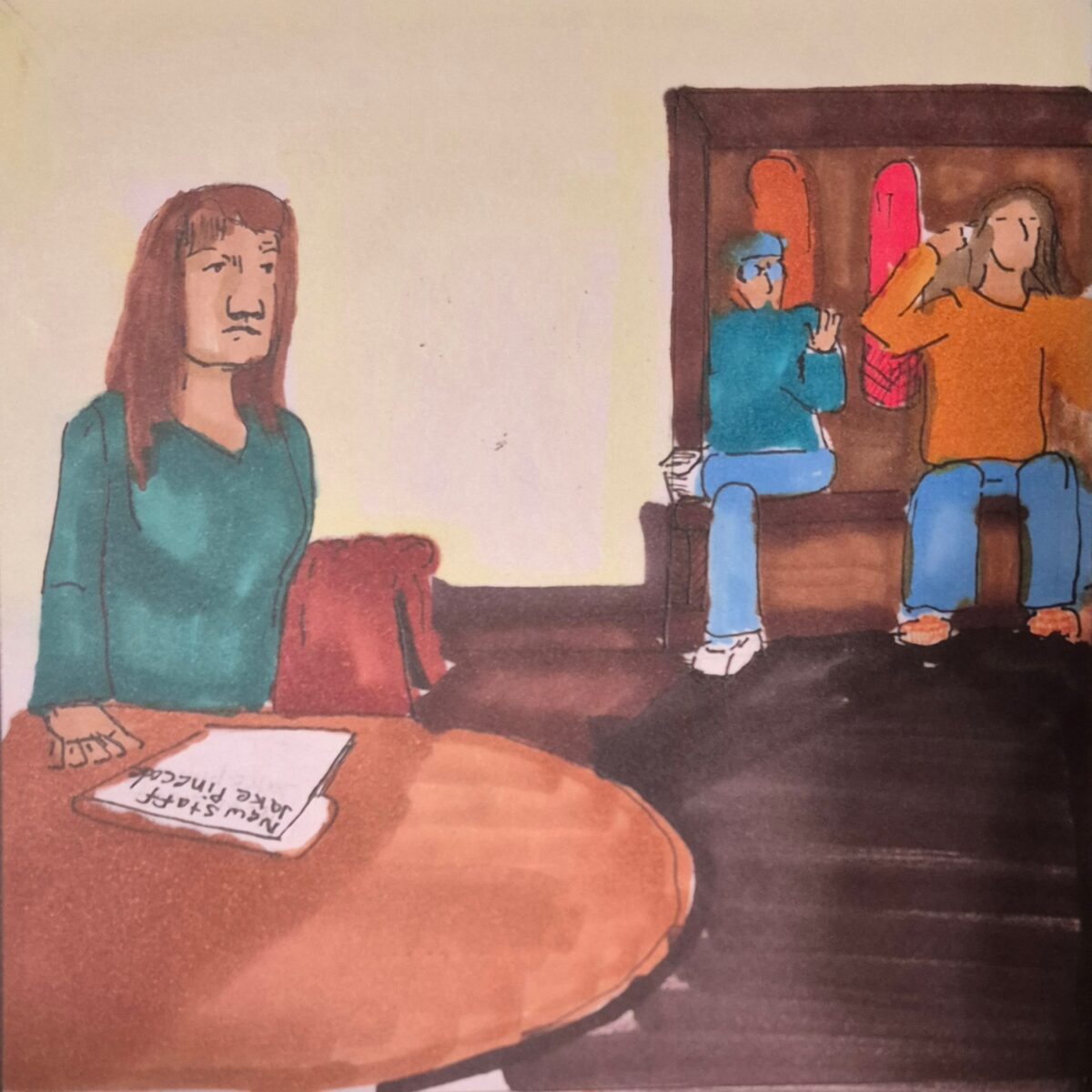 The Lump family in the room, talking and readying for a trip.